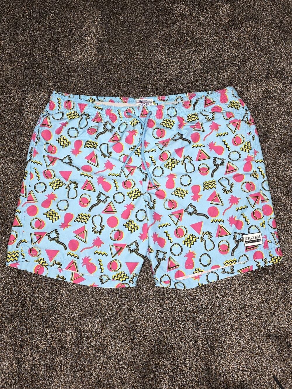 Beach Bros Men's 3XL Swim Trunks Retro 90s Vaporwave Pineapple Palm Blue Pink